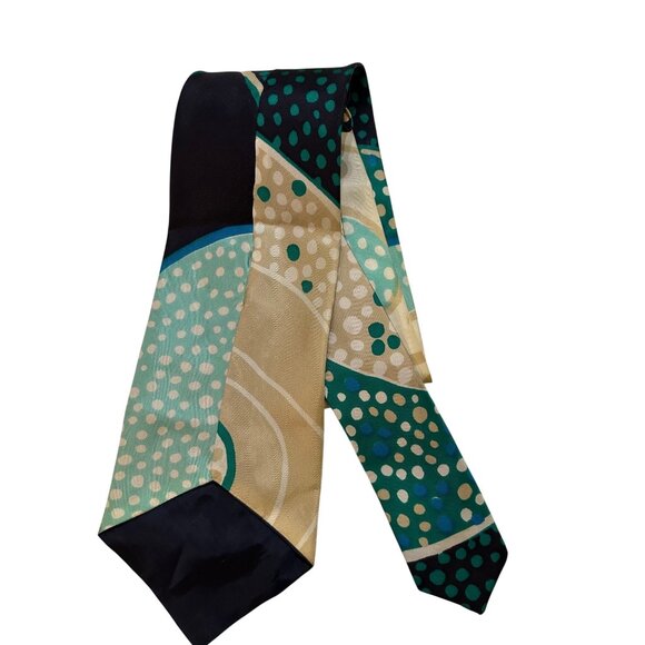 Vintage Silk Tie Abstract Polka Dots & Geometric Pattern Teal Beige Navy & Green - Picture 2 of 2